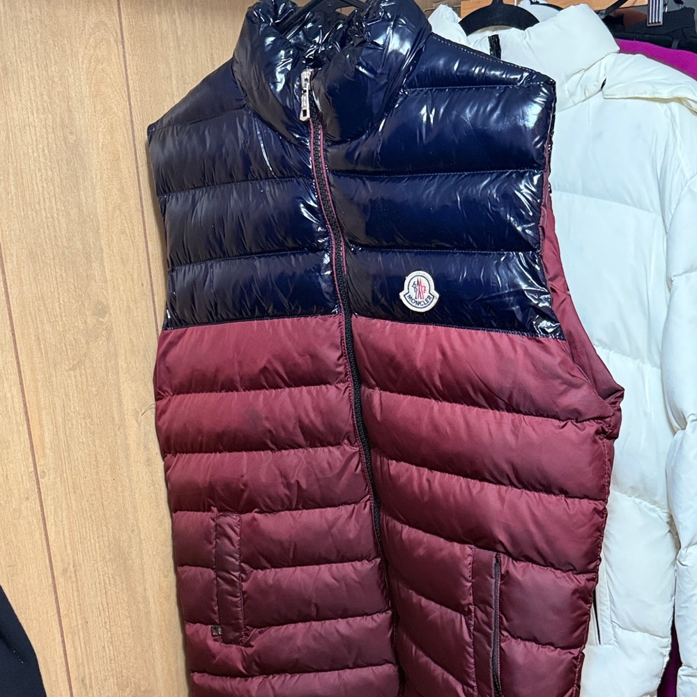 Moncler Men’s Two-Tone Puffer Vest in Burgundy and Navy